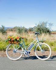 Bicycle decorated with artificial flower window box arrangement featuring faux dahlias, small daisies, carnations, ivy, and desert narrow leaves set on coconut fiber in an iron framed box